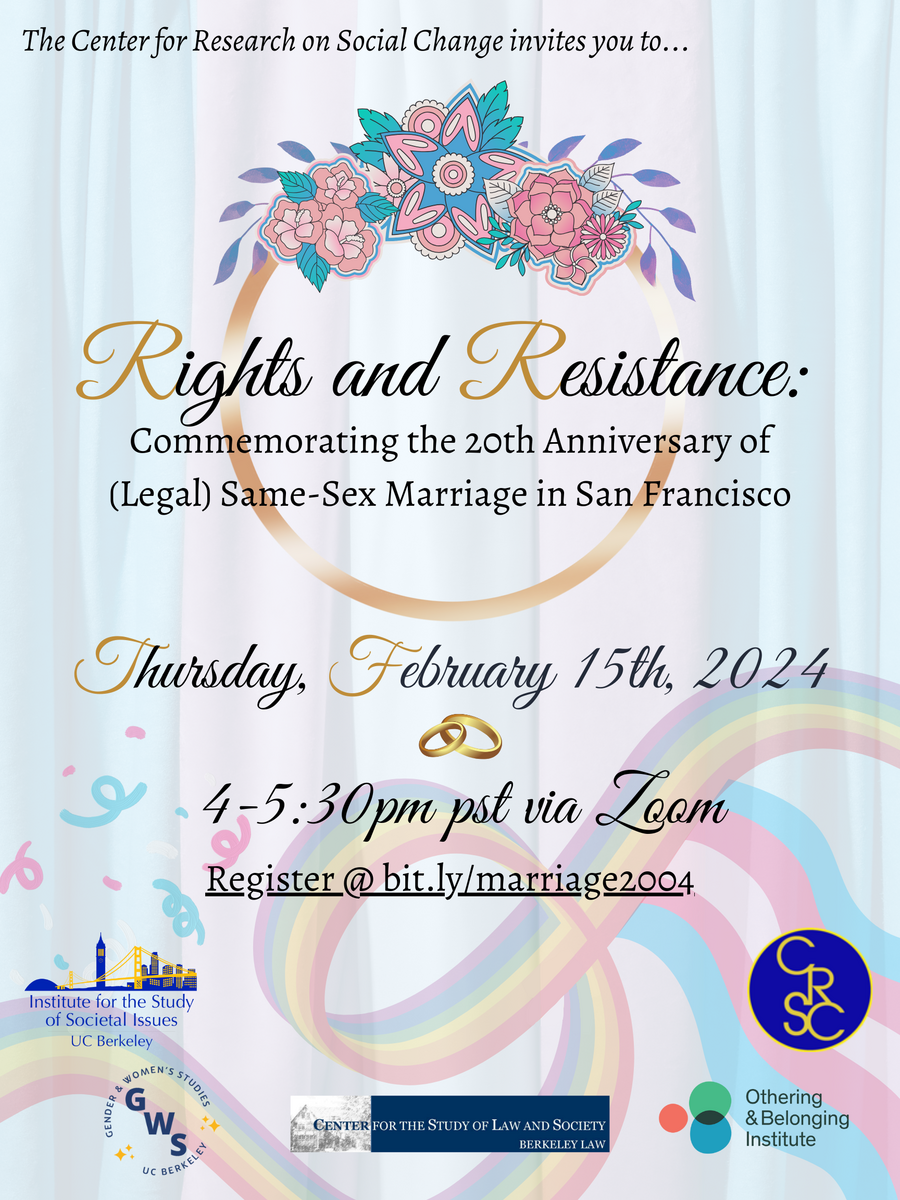 A poster in the style of a wedding invitation with flowers, rings, the LGBT and trans flags, the event sponsor logos, and the same text that is on this page
