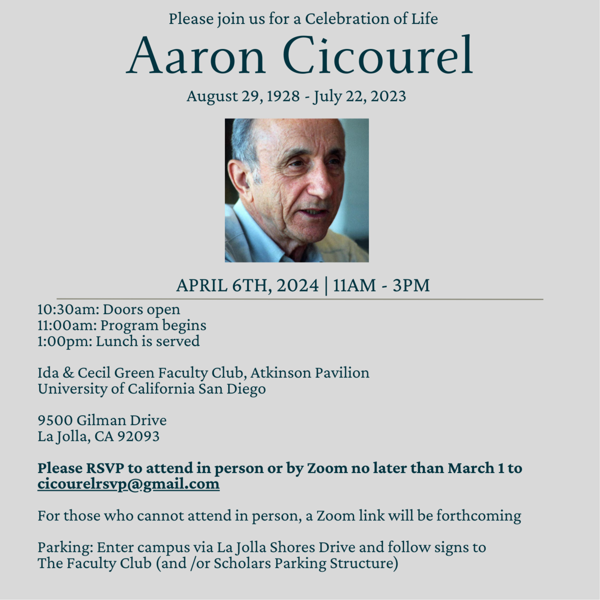 A photo of Aaron Cicourel with text about the memorial that is included in the website