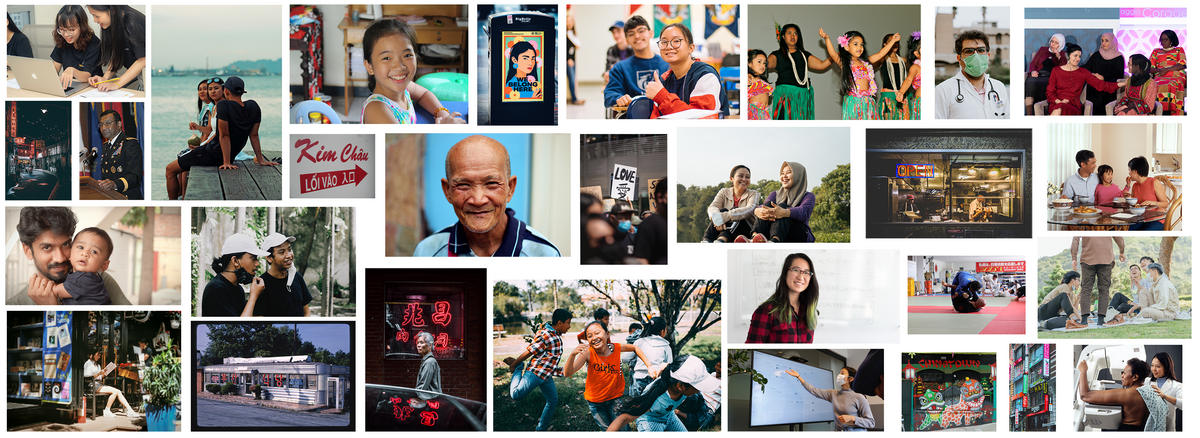 A composite of multiple photos reflecting aspects of Asian American life