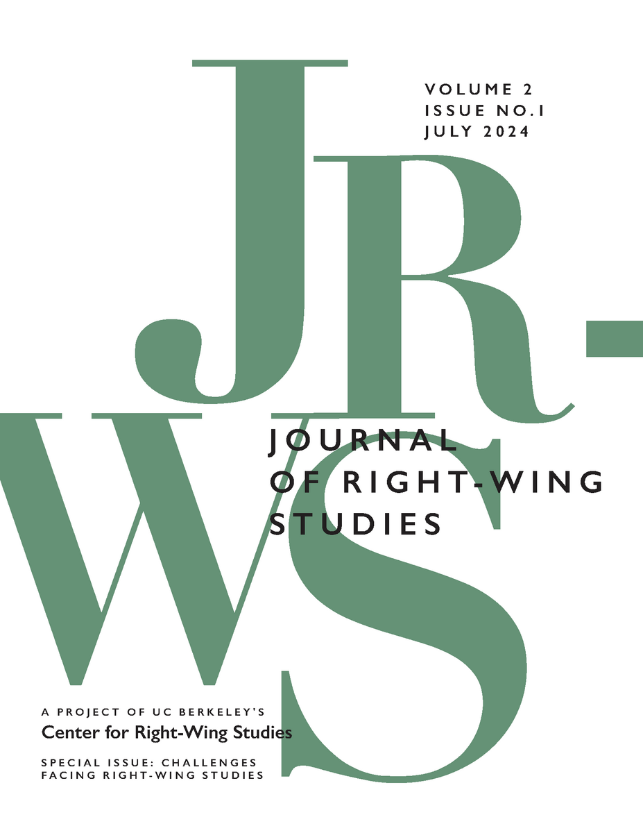 The cover of the Journal of Right-Wing Studies with green font and text that reads Vol.2 No. 1 July 2024. Special Issue: Challenges Facing Right-Wing Studies