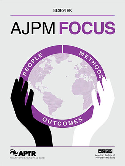 The journal cover of AJPM Focus. Two hands hold up a globe surrounded by a purple ring.
