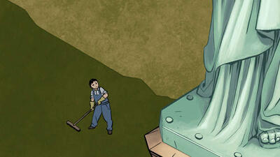 A cartoon image of an Asian man sweeping the floor in the shadow of the Statue of Liberty as they look up at the monument.
