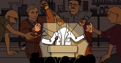 An illustration depicting the public performance of scientific expertise. Four white figures in a science lab handle puppeteering strings that hold up a white lab coat. A crowd watches the lab coat as if they are watching a marionette show -by Sophie Wang