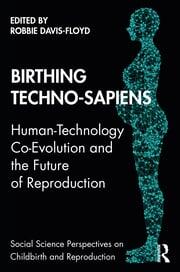 The cover of "Birthing Techno-sapiens." The cover depicts a silhouette of a pregnant figure.