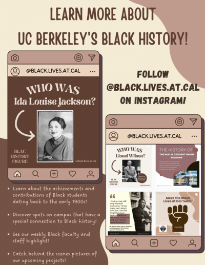 A flyer promoting BLAC's new Instagram page. An example of how their main page and one of their posts depicting Ida Louise Jackson is drawn. Bullet points list what you can learn from BLAC by following.