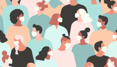 This illustration shows people in masks looking in various directions. The group of people take up the whole image and seem to fit together like puzzle pieces.