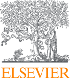 The logo of Elsevier depicting a man pulling off a fruit dangling from the branch of a tree with full leaves.