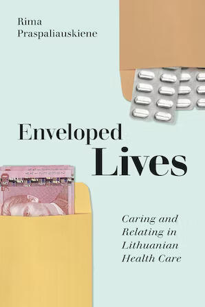 The book cover of Enveloped Lives. A larger envelope in the top right corner shows a packet of pills half out. A stack of Lithuanian bills can be seen halfway out in an envelope in the bottom left corner.