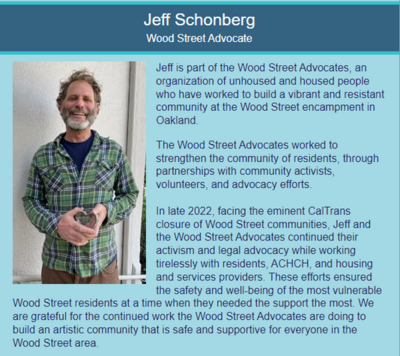 Alameda County Health Care for the Homeless named Jeffrey Schonberg, Berkeley Center for Social Medicine faculty affliate, as a G.G. Greenhouse Community Hero. This image contains a description of his work with Wood Street Advocates.