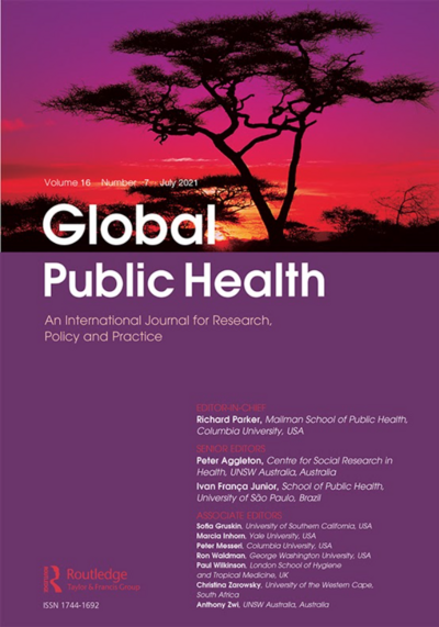 The cover of Global Public Health journal. A sunset behind acacia trees is captured.