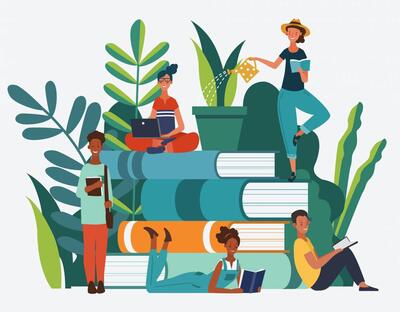 This image depicts a stack of large books in the middle surrounded by plants. A few people are scattered around it, either reading books or watering the plants.