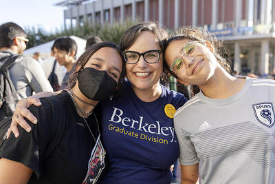 Vice Provost for Graduate Studies and Dean of the Graduate Division Lisa García Bedolla (middle) poses with her two daughters, Paola Bedolla García (left) and Micaela Bedolla García, at UC Berkeley’s Grad-Stravaganza celebration in September 2022.