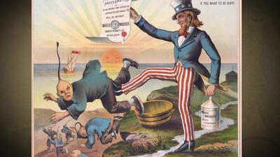 An 1880s advertisement for Magic Washer liquid washing compound, which traded on anti-Asian prejudice. Uncle Sam, holding a contract for Magic Washer liquid, kicks a Chinese man's backside away..