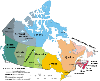 A map of Canada's provinces and territories.