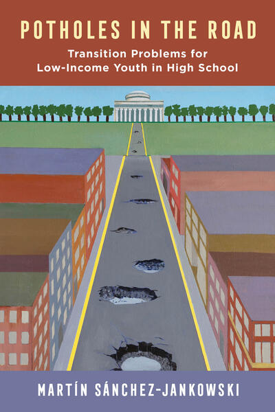 The cover of Potholes in the Road. The image depicts a pothole-ridden street lined by buildings.