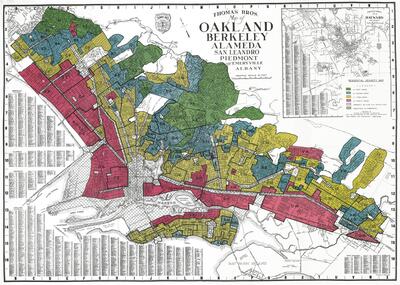 A Home Owners' Loan Corp. map from 1937. It depicts redlining in the East Bay.