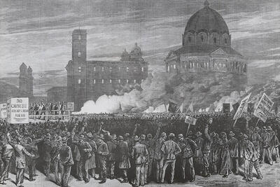 This illustration shows an anti-Chinese labor meeting on March 20, 1880 outside of San Francisco City Hall. (Photo via Illustrated Newspaper)