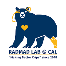 The logo of the UC Berkeley Disability Lab, also known as RadMad Lab. A bear with a golden heart on its chest is depicted. It has a prosthetic leg and headgear. Their slogan "Making Better Crips" is printed as well.