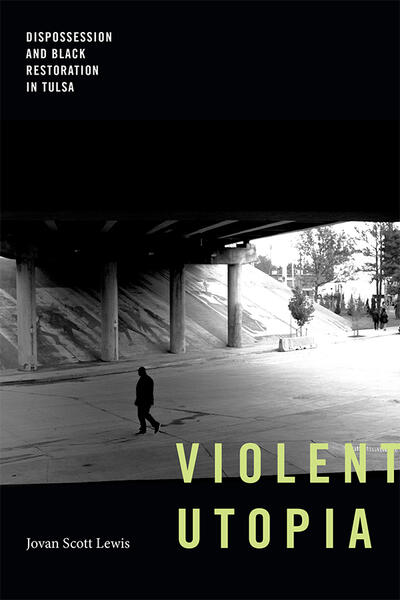The book cover of Violent Utopia. It contains a gray scale image of a silhouetted man walking under a concrete bridge.
